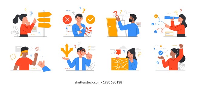 People at tangled ways psychological concept. Searching and finding life path. Important memory key points. Set of outline minimal style flat cartoon vector illustrations isolated on white background