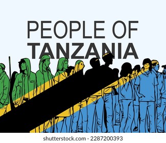 People of Tanzania with flag, silhouette of many people, banner of diversity or protest in Tanzania, group of person, society and audience concept, gathering idea