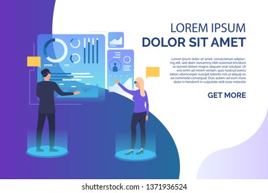 People tapping on futuristic virtual screens and sample text. Future, VR, cyberspace concept. Presentation slide template. Vector illustration for topics like business, technology, virtual reality