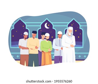 La gente sigue rezando en congregación. Musulmanes realizan una noche de oración taraweeh durante el ramadán. Oraciones en congregación en la mezquita, Feliz ayuno, Ramadán kareem. Estilo plano de ilustración de vector