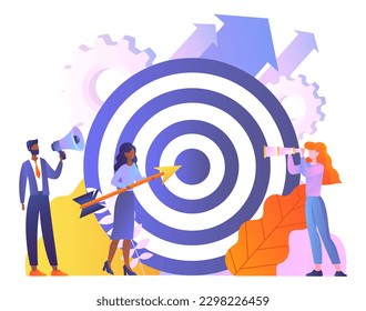 People with target concept. Goal setting and motivation, vision of future. Employees working on common project. Collaboration and cooperation. Cartoon flat vector illustration