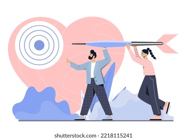 People with target. Metaphor for modern advertising and customer satisfaction. Marketing research and modern methods of promotion on Internet. Poster or banner. Cartoon flat vector illustration