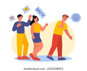 People with taunts. Man and woman insult to young guy. bad relations in school or university. Negative feelings and emotions. Cartoon flat vector illustration isolated on white background