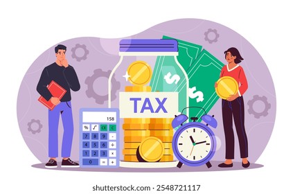 People with tax. Man and woman near calculator and glass jar with banknotes and coins. Financial literacy, accounting and budgeting. Flat vector illustration isolated on white background