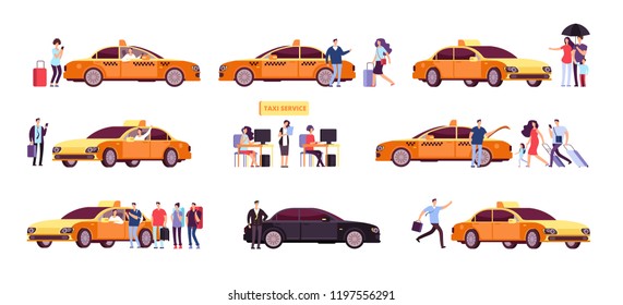 Leute und Taxi. Fahrerführer im Auto Passagier und Auto in Fahrt. Taxi-Service einzelne Symbole. Taxi-Service-Auto, Transport-Kundengrafik