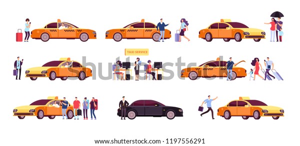 People and taxi. Cab drivers passenger and\
car in ride. Taxi service isolated icons. Taxi service car,\
transportation customer\
illustration