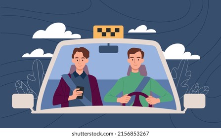 People in taxi. Driver takes client to destination. Modern and comfortable service. advertising poster or banner for website. Taxist and consumer with smartphone. Cartoon flat vector illustration