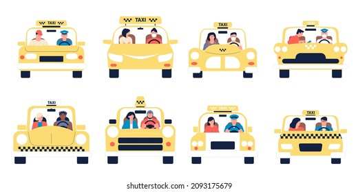 People in taxi. Ride with driver, customer transportation service. Cartoon guys riding with clients, passengers in yellow cars. Flat transport recent vector set