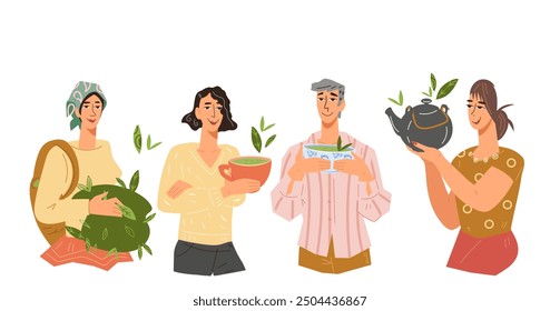 People with tea, drinking and brewing popular hot drink, flat vector illustration isolated on white background. Characters for tea, matcha banners and labels.