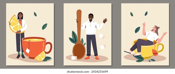 People at tea posters set. Man and women near cups with hot drinks. Relaxation and wellbeing. Aroma and beverage with herbs. Cartoon flat vector collection isolated on grey background