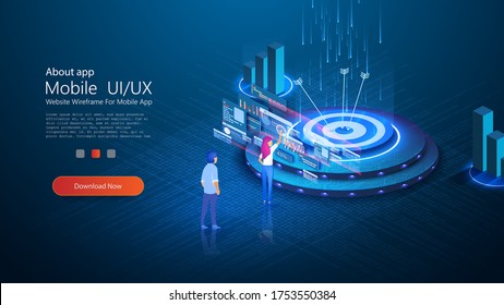 People in the team analyze dioramas and graphics. Report, sales target, marketing illustration. Setting a marketing goal correctly. Data visualization concept. Isometric vector illustration