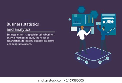 People in the team analyze diorams and graphics. Data visualization concept.  Vector illustration.