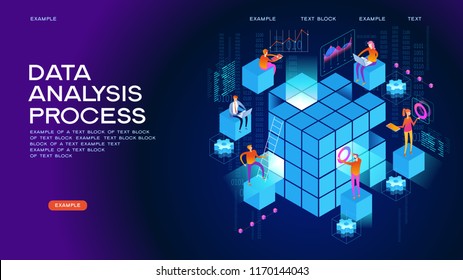  People In The Team Analyze Diorrams And Graphics. Data Visualization Concept. 3d Isometric Vector Illustration.