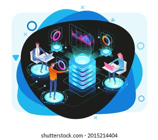  People in the team analyze diorrams and graphics. Data visualization concept. 3d isometric vector illustration.