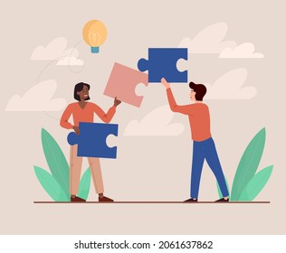 People Team Arrange Puzzle. Teamwork Of Employees. Male And Female Partners Come Up With Ideas Together And Achieve Success. Cartoon Modern Flat Vector Illustration Isolated On Pink Background