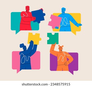 People team arrange puzzle together. Success collaboration teamwork concept. Colorful vector illustration
