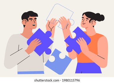 People team arrange puzzle vector illustration. Characters connecting puzzle elements or jigsaw pieces. Success collaboration, teamwork 	
coworking and business partnership concept. Business metaphor.