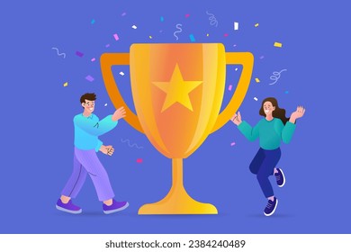 People Team with big trophy. Successful dream team, teamwork in business concept. Big winner cup. Employees or office workers celebrating. Goal achievement. Vector illustration.