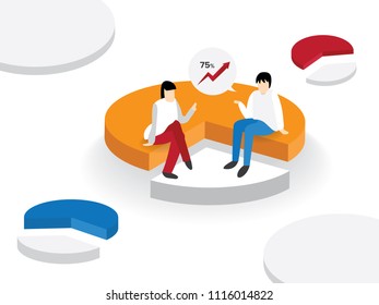 People in a team build a chart and interact with graphs. Cultivate open communication. Landing page template. Flat vector illustration.