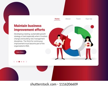 People in a team build a chart and interact with graphs. Landing page template. Creative website template designs. Vector illustration concepts.