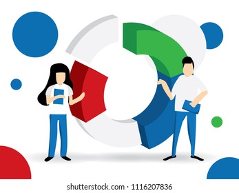 People in a team build a chart and interact with graphs. Landing page template. Creative website template designs. Vector illustration concepts.