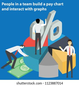 People in a team build a pay chart and interact with graphs. Data analysis, and office situations. Landing page template. 3d isometric illustration