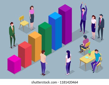 People in a team build a pay chart, interact with graphs. Business, workflow management, office situations. Data analysis, and office situations. Infographics and statistics. 3d isometric illustration