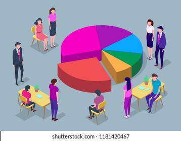 People in a team build a pay chart, interact with graphs. Business, workflow management, office situations. Data analysis, and office situations. Infographics and statistics. 3d isometric illustration
