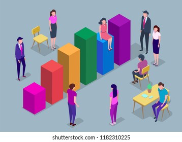 People in a team build a pay chart, interact with graphs. Business, workflow management, office situations. Data analysis, and office situations. Infographics and statistics. 3d isometric illustration