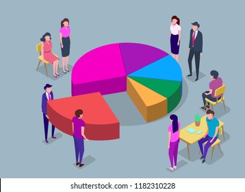 People in a team build a pay chart, interact with graphs. Business, workflow management, office situations. Data analysis, and office situations. Infographics and statistics. 3d isometric illustration