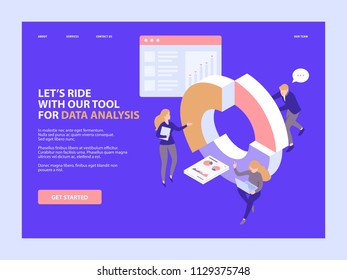 People in a team build a pie chart. Data analysis and office teamwork. Landing page template. 3d isometric illustration