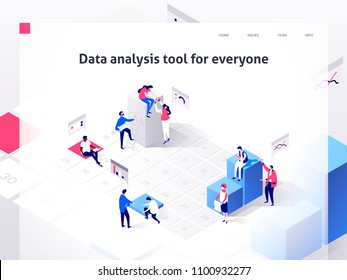 People in a team build a time schedule and interact with graphs. Landing page template. 3d isometric vector illustration