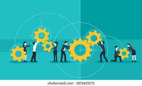 People Team, Businessmen Or Managers, With Gears - Business Management And Working Process Conceptual Illustration - Vector Concept