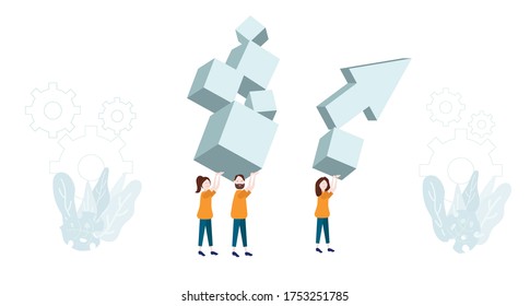 Gente, el equipo lleva las cajas, la flecha. Ilustración vectorial.