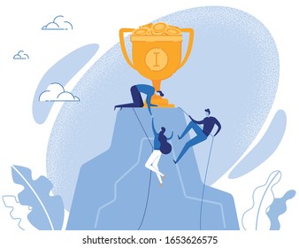 People Team Climbing on Rock with Gold Trophy Cup on Top. Goal Achievement Metaphor. Successful Teamwork and Business Partnership. Personal Improvement and Career Growth. Vector Illustration