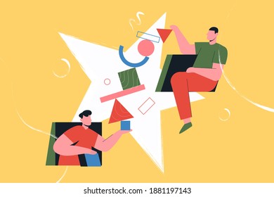 People team collect puzzle vector illustration. Cartoon man characters carry and arrange puzzle together, holding pieces of different geometric shape, success collaboration teamwork concept background