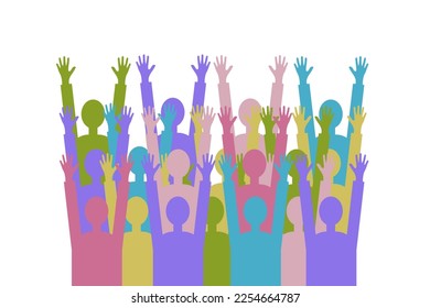 People, team, crowd.A group of people of different colors with raised hands as a symbol of joy, unity, protest, strength, victory, success.Isolated background.Vector