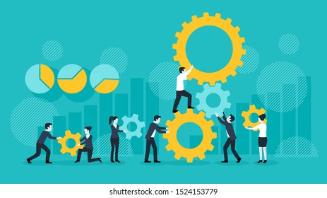 People team with gears - business management and working process conceptual illustration with diagrams and charts on background - vector concept