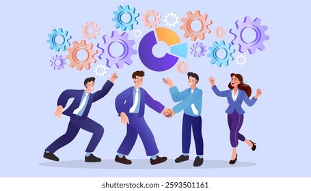 People team with gears. Communication and teamwork concept. working process conceptual. Business people working together in team flat vector illustration.