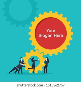People team with gears and place for slogan inside cog wheel - business management and working process conceptual illustration - vector concept
