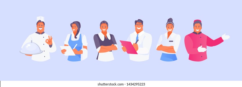 People Team Of Hotel Or Restaurant Staff. Cook, Waitress, Maid, Manager, Administrator, Doorman Vector Illustration