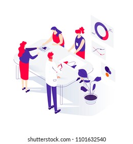 People in a team interact with graphs. Landing page template. 3d isometric illustration