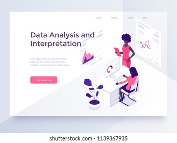 People in a team interact with graphs. Landing page template. 3d isometric illustration