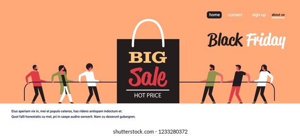 People Team Pulling Opposite Ends Rope Shopping Bag Big Sale Black Friday Super Sale Holiday Promotion Discount Concept Tug Of War Flat Horizontal Copy Space Vector Illustration