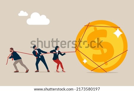 People team pulling rope dollar mining character.  Successful teamwork strategy.  Horizontal flat vector illustration.