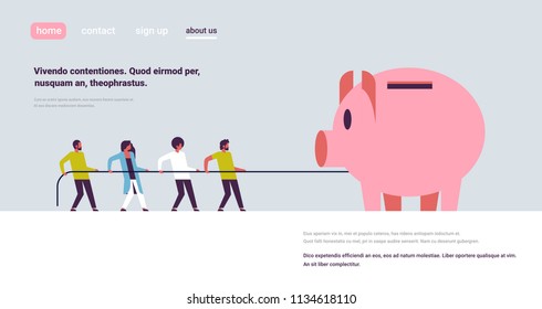 people team pulling rope piggy bank money growth concept cartoon character man woman teamwork banner copy space flat vector illustration