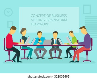 People team sitting and working together at the table. Teamwork, brainstorming, startup. Flat vector illustration. Conference hall general activity
