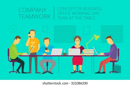 People team sitting and working together at the table. Teamwork, Flat vector illustration. Office general activity