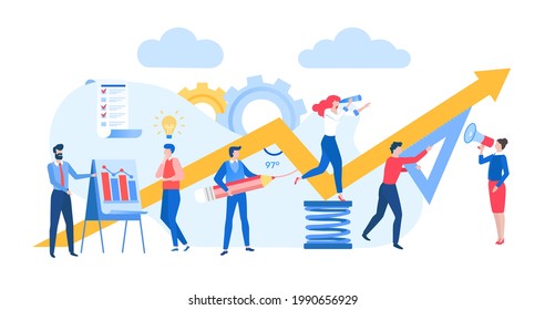 People team start or control the project. Business project, launch, analysis. Growth schedule, profit and development. Flat vector illustration