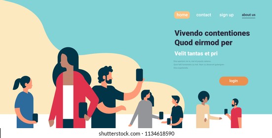 people team using smartphones doing selfie mix race business group online communication concept flat copy space horizontal vector illustration